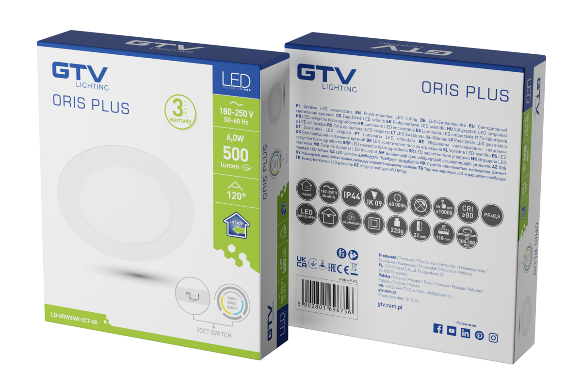 ORIS Downlight, LED, 6W, 500lm, CCT, AC220-240V, вбудований, білий