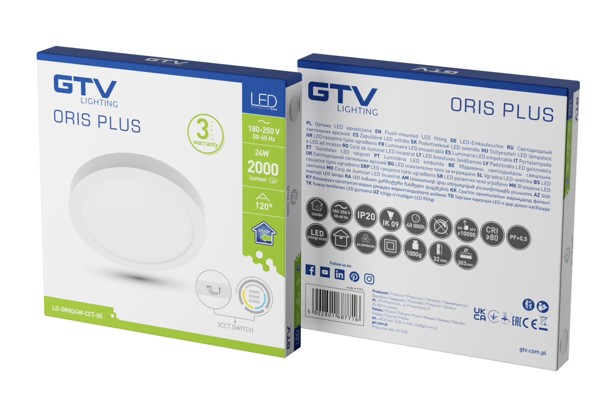 ORIS Downlight, LED, 24W, 2000lm, CCT, AC220-240V, поверхневий монтаж, білий