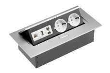 Настільний подовжувач2x schuko роз’єм,USB розетка,аудіо(банан),розетка RJ45 (Ethernet),без кабелю,alu
