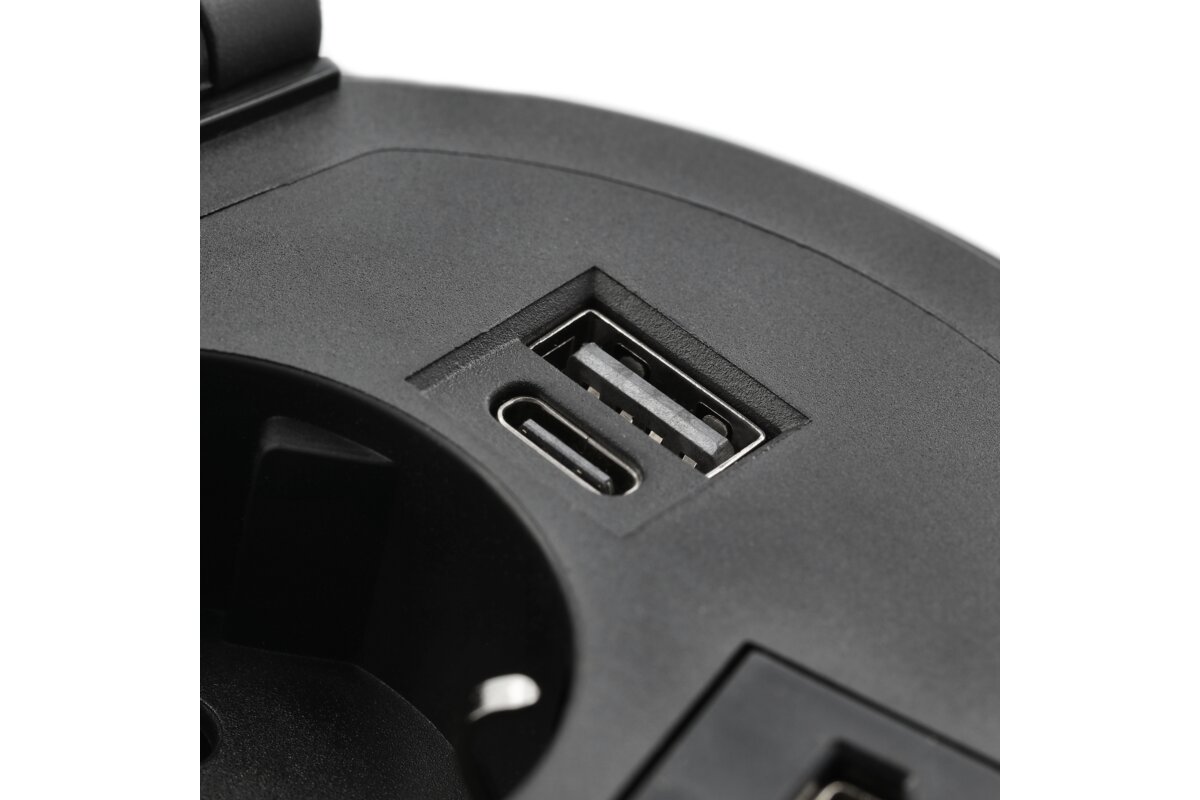 Меблева розетка CHARGER PLUS, Ø80 мм, 1хSHUKO, USB A+C, в комплекті три замінні модулі (USB-A, HDMI, RJ45), кабель 1,5 м, чорний