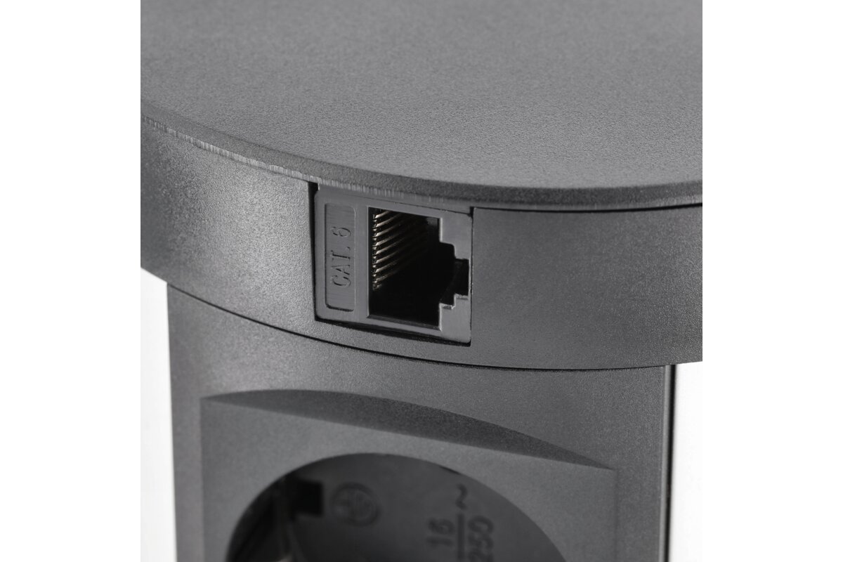 Меблева розетка COMFORT PLUS, Ø120 мм, 4хSHUKO, 2xUSB-A 3.1A, 2xRJ45, індукційний зарядний пристрій 5 Вт, кабель 1.5 м, чорний
