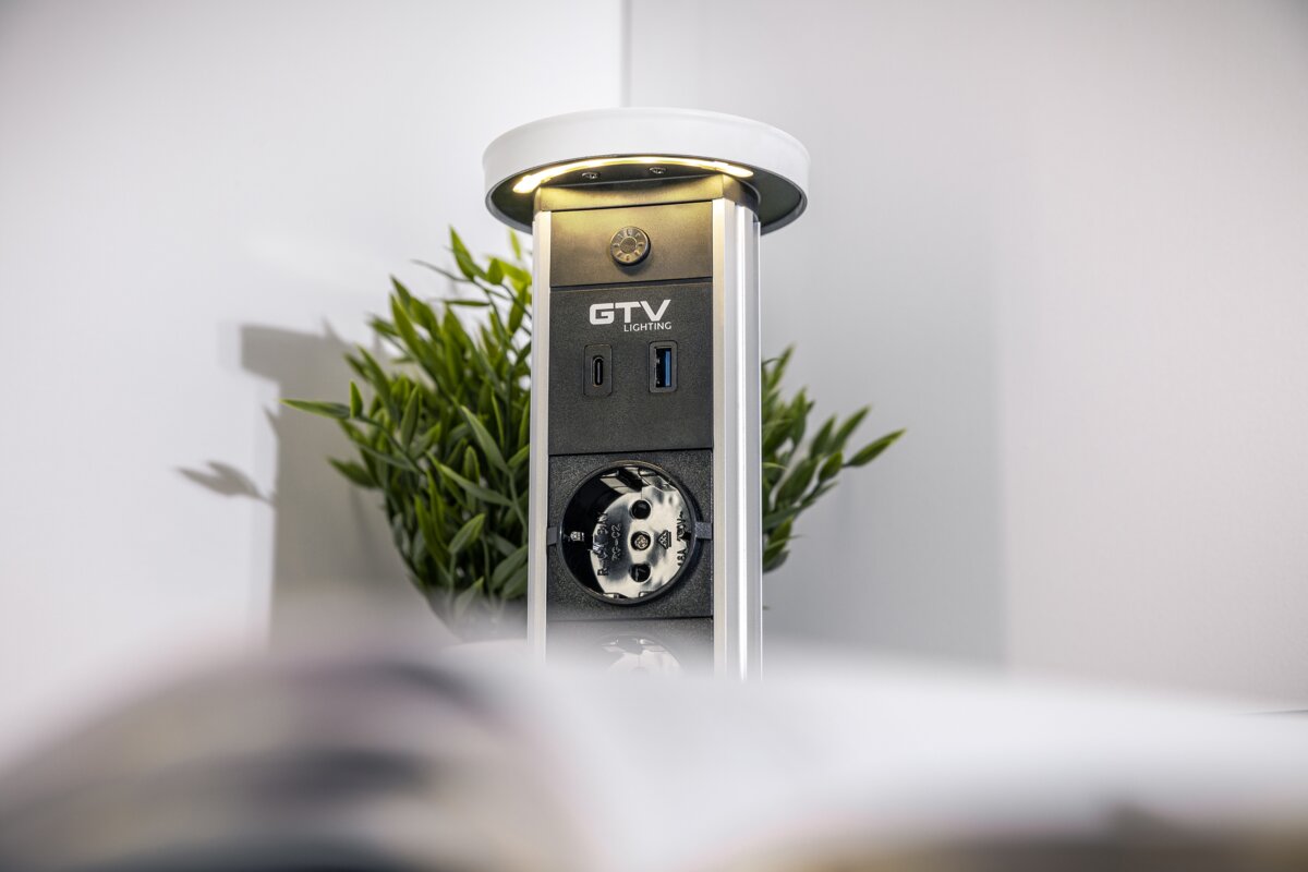Меблева розетка CAMINO, Ø80 мм, 2хSHUKO, USB A+C, індукційний зарядний пристрій 10 Вт, кабель 1,5 м, білий