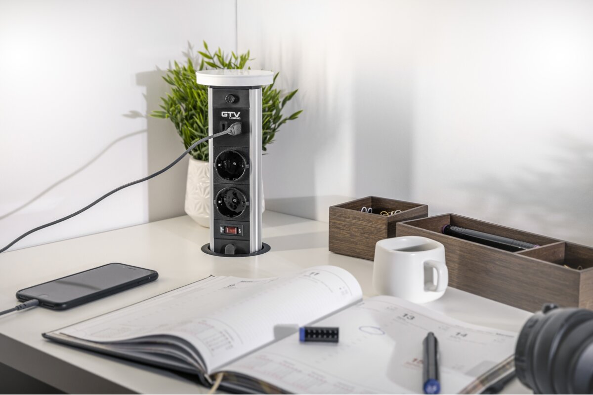 Меблева розетка CAMINO, Ø80 мм, 2хSHUKO, USB A+C, індукційний зарядний пристрій 10 Вт, кабель 1,5 м, чорний