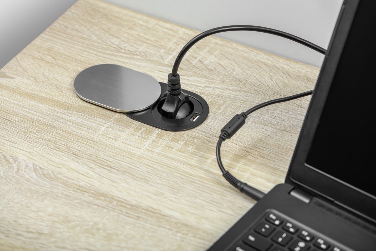 Меблева розетка SLIDE, Ø60 мм, 1хSHUKO, 1xUSB-A 2.4A, кабель 1.9 м, інокс