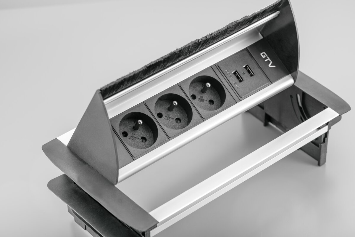 Меблева розетка з щіткою, 3хSHUKO, 2xUSB-A 2.1A, кабель 1.5 м, алюміній