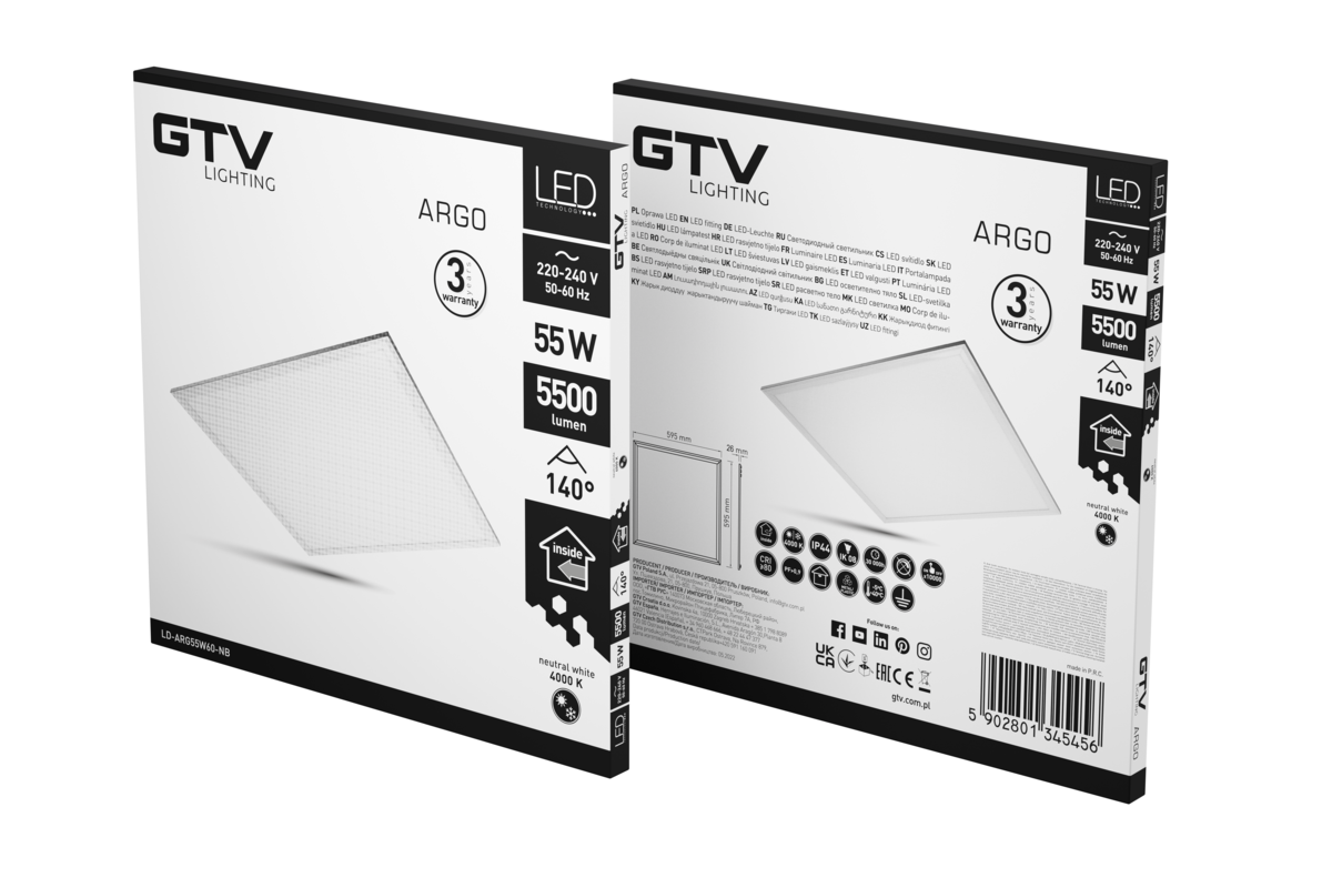 Світлодіодна панель ARGO, 55 Вт, 5500 лм, 4000K, AC220-240В, PF> 0, 9, Ra≥80, IP44, IK08, 140°, 60х60см