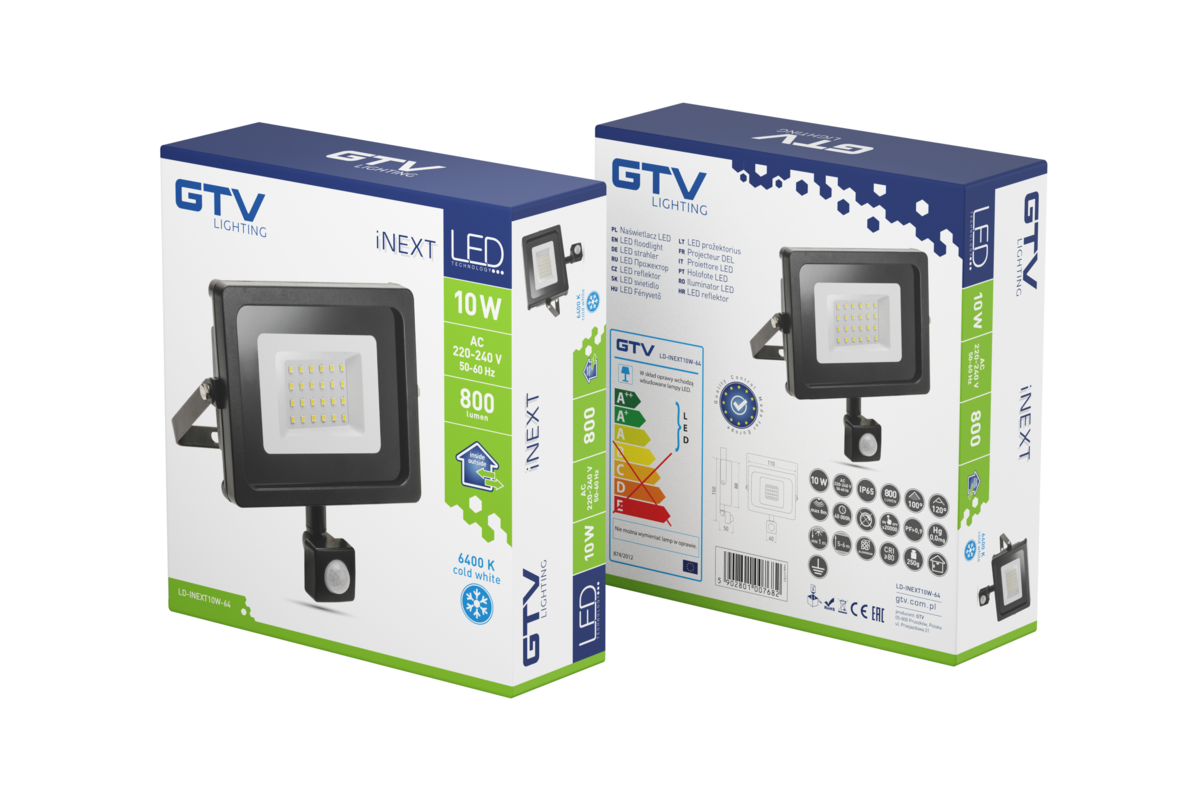 Світлодіодний прожектор iNEXT з датчиком руху, 10W, 800lm, AC220-240V, 50/60 Hz, PF>0,9, RA>80, IP65, 120