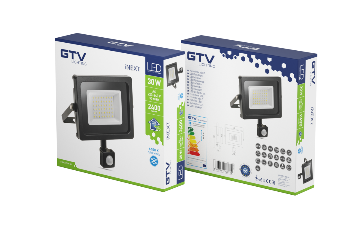 Світлодіодний прожектор iNEXT з датчиком руху, 30W, 2400lm, AC220-240V, 50/60 Hz, PF>0,9, RA>80, IP65, 12