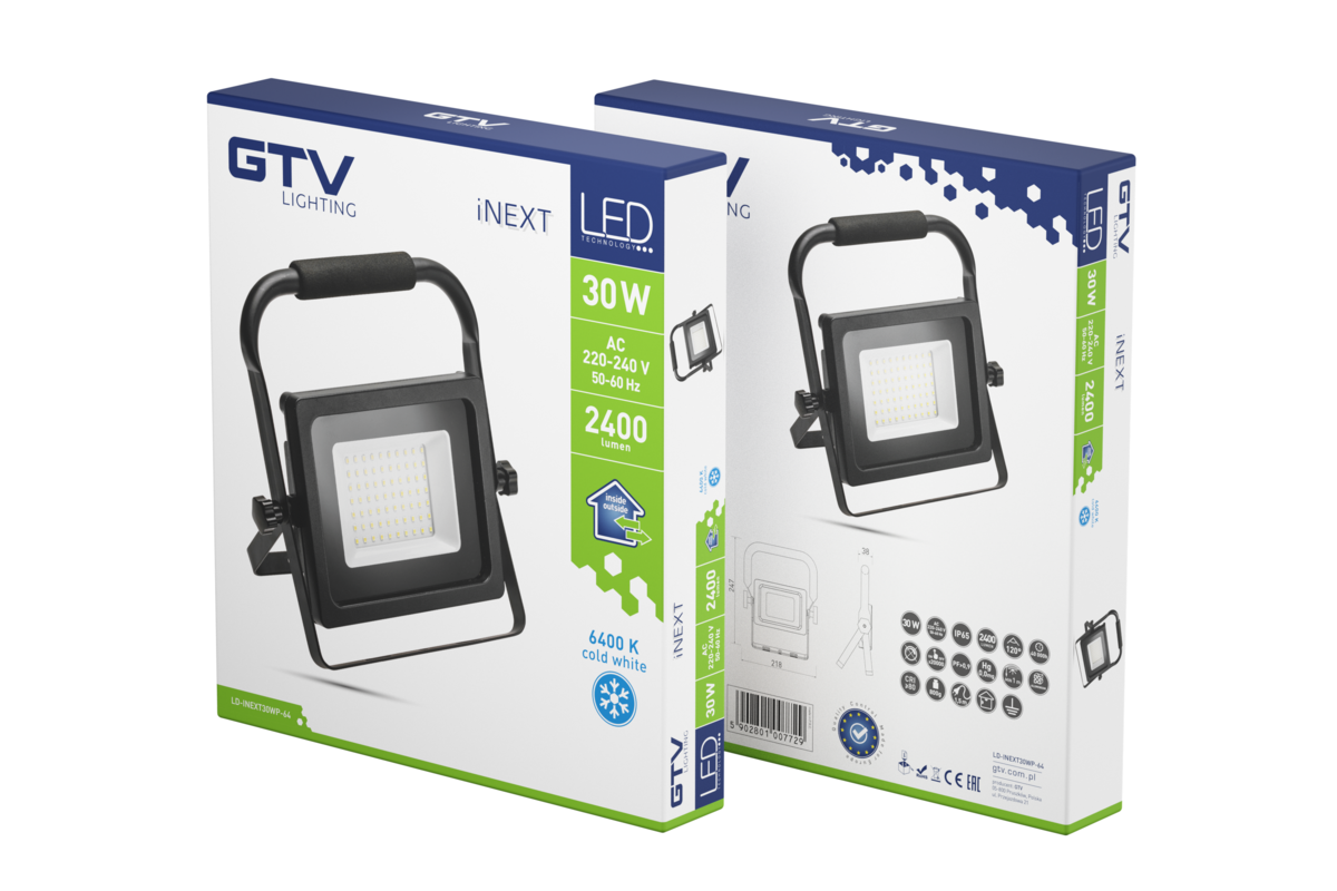 Світлодіодний прожектор iNEXT, портативний, 30W, 2400lm, AC220-240V, 50/60 Hz, PF>0,9, RA>80, IP65, 120°, 6400
