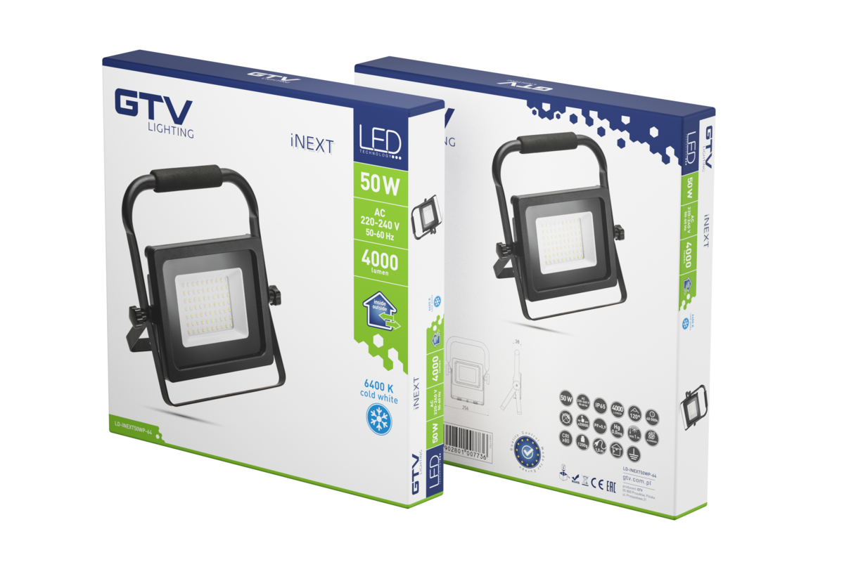 Світлодіодний прожектор iNEXT, портативний, 50W, 4000lm AC220-240V, 50/60 Hz, PF>0,9, RA>80, IP65, 120°, 6400K