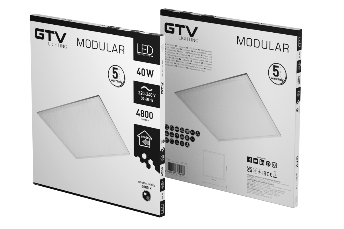 Світлодіодна панель MODULAR, 60×60см, 4000K, 40 Вт, 4800 лм, AC220-240В, PF>0, 9, IP54
