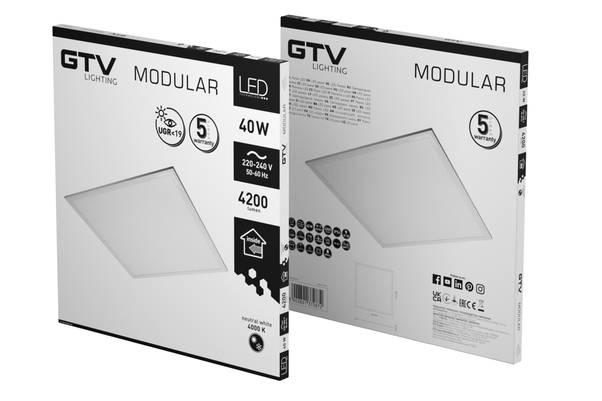 Світлодіодна панель MODULAR, 60×60см, 4000K, 40 Вт, 4200 лм, AC220-240В, PF>0, 9, IP54, UGR<19
