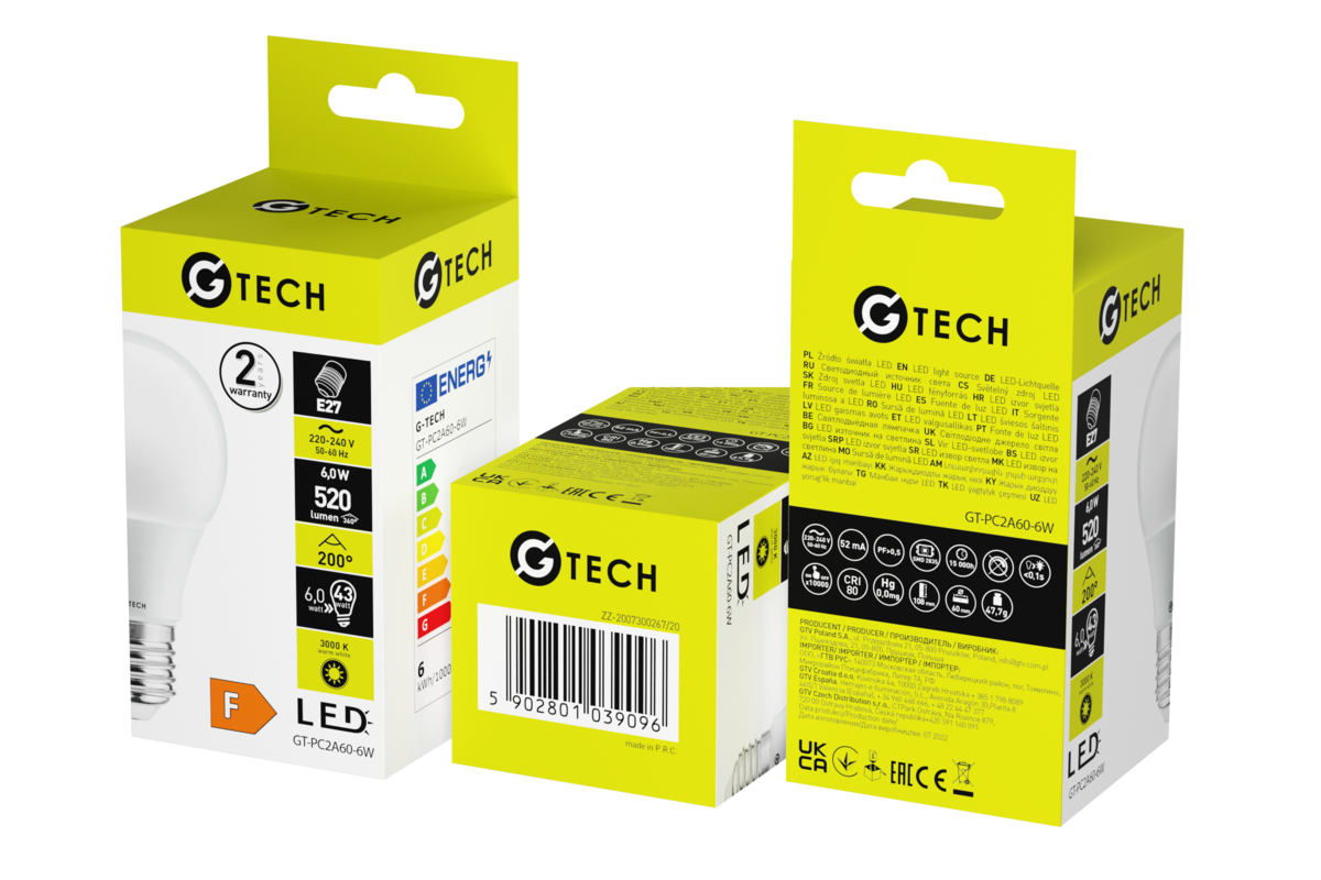 G-TECH Лампа світлодіодна E27, A60, 6 Вт, 470 лм, 3000K, AC220-240В, 200°