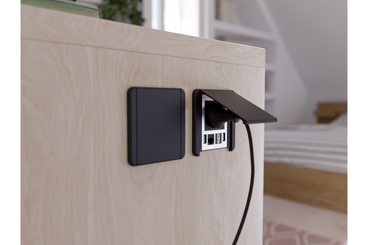 Меблева розетка з відкидним затвором, 1х французька розетка, 2xUSB A 1xRJ45, кабель 1,5м, чорний