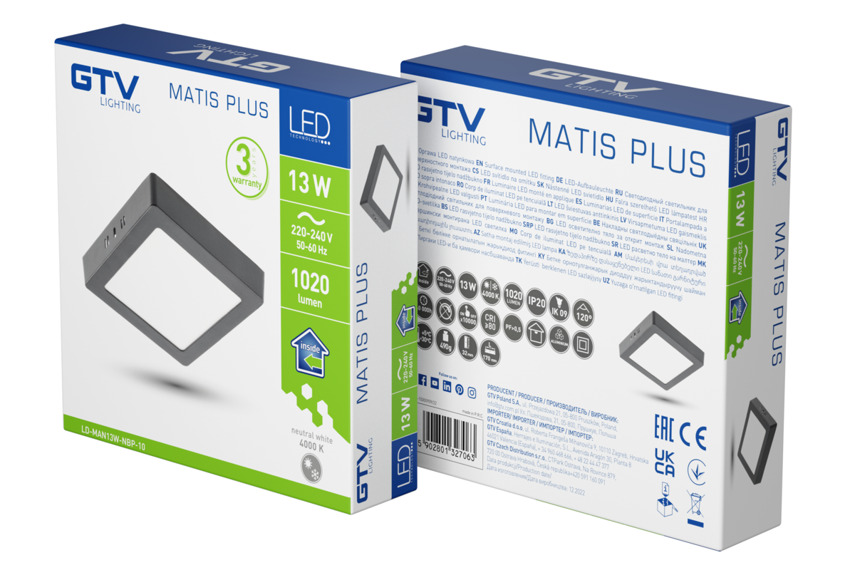 Світильник світлодіодний MATIS PLUS, 13 Вт, 1020 лм, IP20, AC220-240В, 120°, 4000K, накладний, чорний