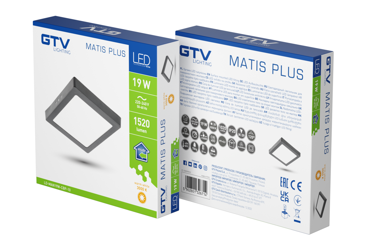 Світильник світлодіодний MATIS PLUS, 19 Вт, 1520 лм, IP20, AC220-240В, 120°, 3000K, накладний, чорний