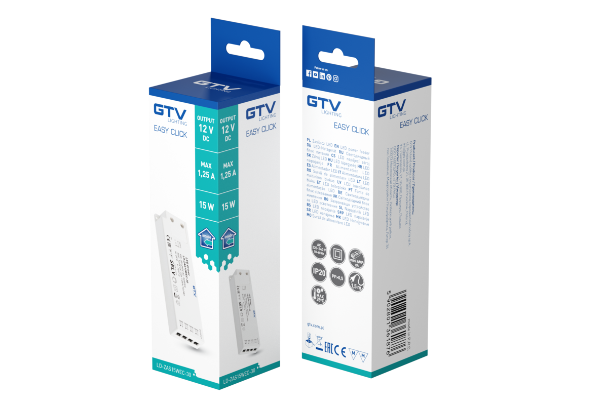 Блок живлення EASY CLICK, DC12В, 15 Вт, вхід AC220-240В, IP20