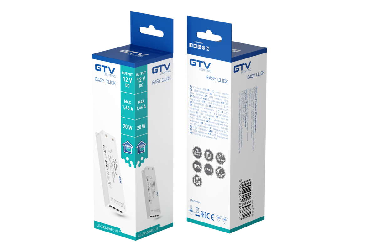 Блок живлення EASY CLICK, DC12В, 20 Вт, вхід AC220-240В, IP20