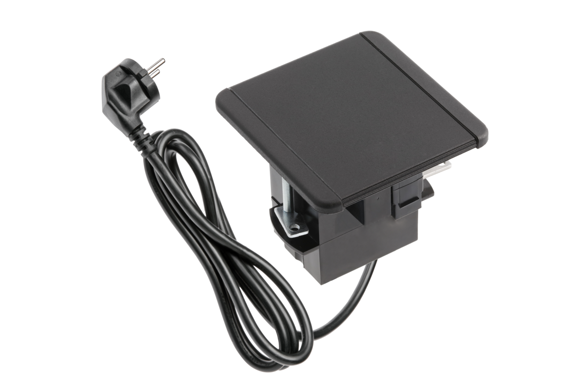 Меблева розетка з відкидним затвором, 1х французька розетка, 2xUSB A 1xRJ45, кабель 1,5м, чорний