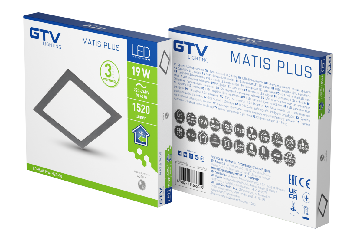 Світильник світлодіодний MATIS PLUS, 19 Вт, 1520 лм, IP20, AC220-240В, 50/60 Гц, 120°, 4000K, врізний, чорний