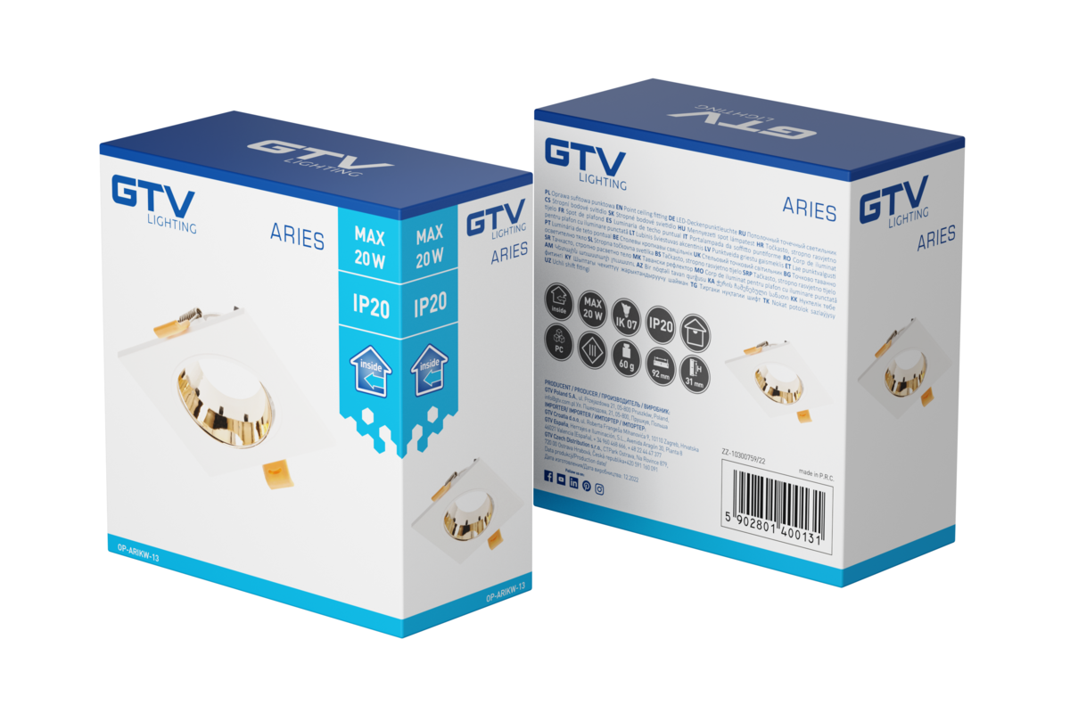 Корпус світильника точкового ARIES IP20, PC, квадратний, білий/золотий