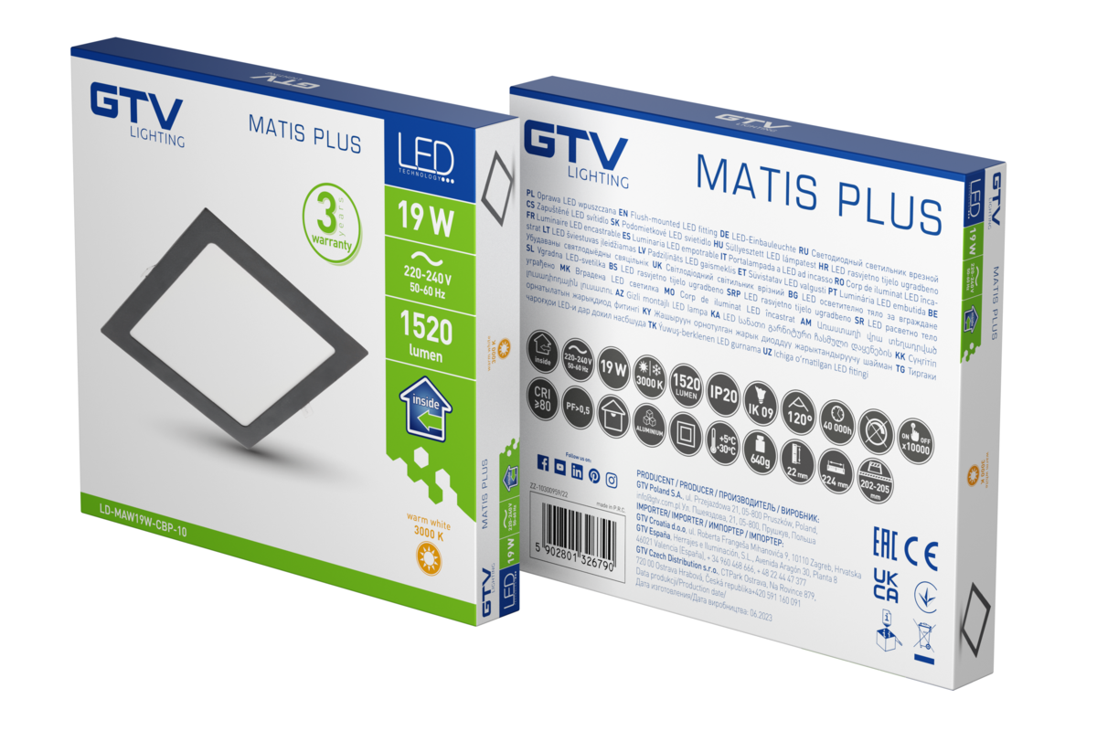 Світильник світлодіодний MATIS PLUS, 19 Вт, 1520 лм, IP20, AC220-240В, 50/60 Гц, 120°, 3000K, врізний, чорний