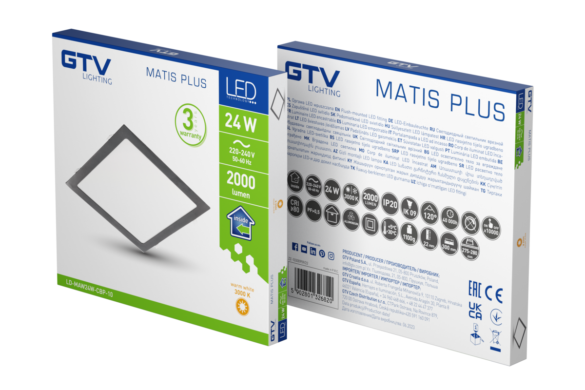 Світильник світлодіодний MATIS PLUS, 24 Вт, 2000 лм, IP20, AC220-240В, 50/60 Гц, 120°, 3000K, врізний, чорний