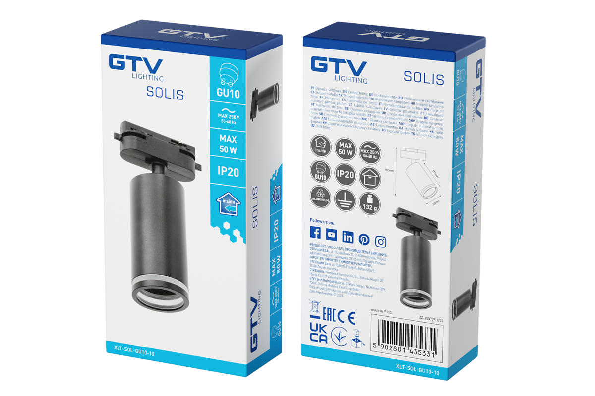 Світильник трековий 1-фазовий SOLIS, GU10, макс. 20 Вт, AC220-240V, IP20, круглий, чорний